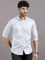 Load image into Gallery viewer, White with Blue Striped Cotton Full Sleeve Shirt For Men