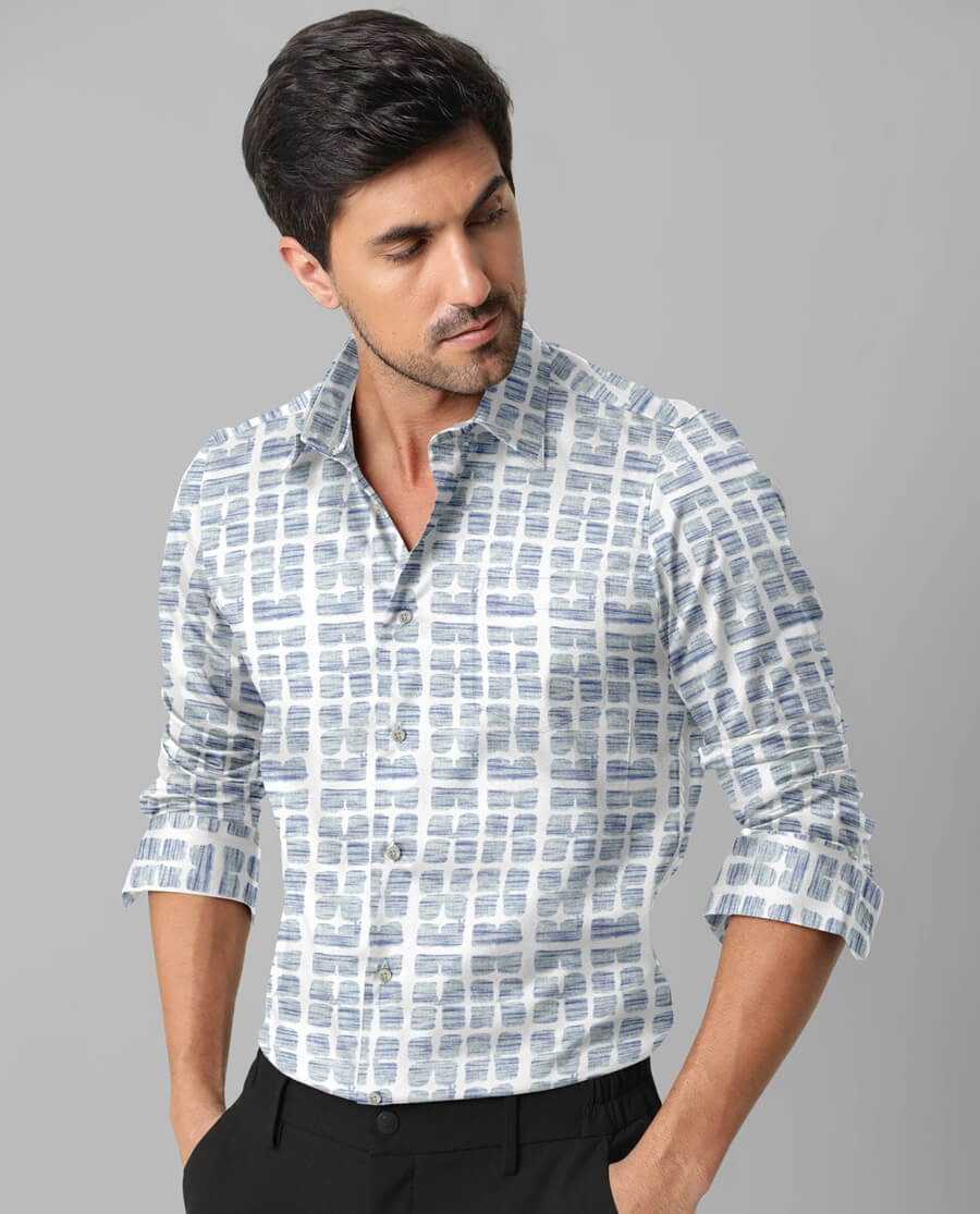 Blue and White Mini Checks Printed Casual Full Sleeve Shirt For Men With Pocket