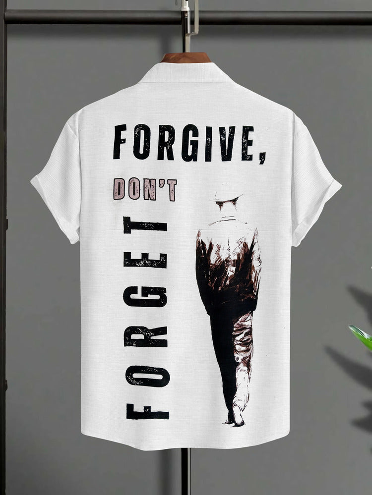 Half Sleeve Printed Linen Shirt – White Front & Forgive Forget Back Design