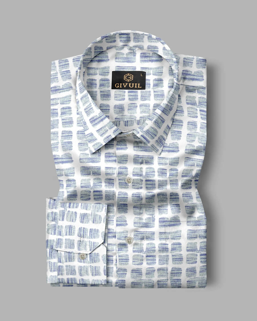 Blue and White Mini Checks Printed Casual Full Sleeve Shirt For Men With Pocket
