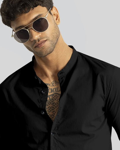 Black Giza Satin Cotton Full Sleeve and Chinese Collar Shirt For Men