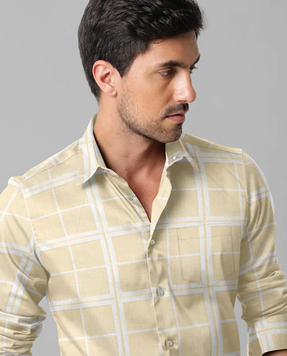 Yellow and White Checks Printed Casual Full Sleeve Shirt For Men With Pocket
