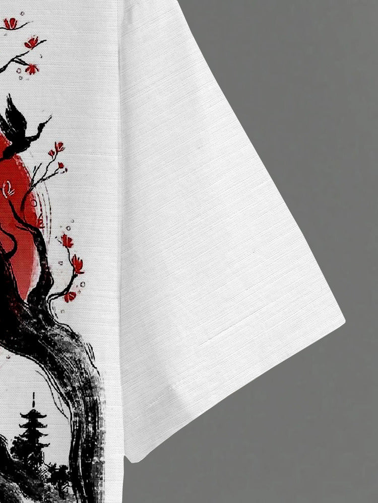 Half Sleeve Printed Linen Shirt – White Front & Japanese Back Design