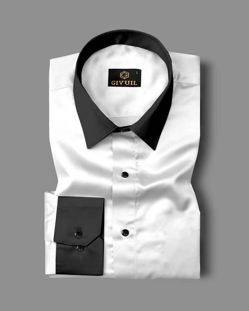 White and Black Giza Satin Cotton Full Sleeve Shirt For Men
