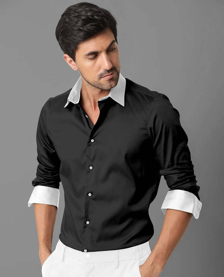 Black and White Giza Satin Cotton Full Sleeve Shirt For Men