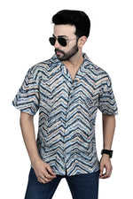 Load image into Gallery viewer, Blue &amp; Orange Striped Linen Half-Sleeve Shirt
