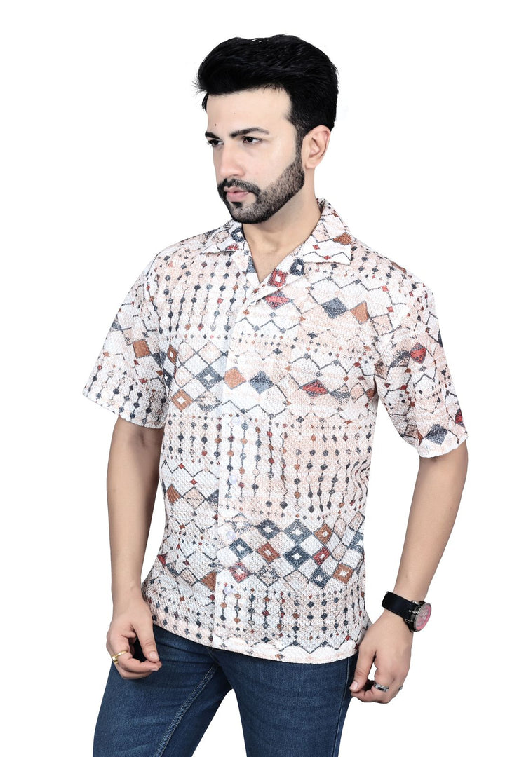 Geometric Printed Linen Half-Sleeve Shirt