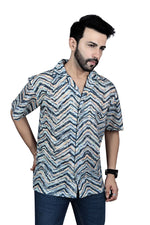 Load image into Gallery viewer, Blue &amp; Orange Striped Linen Half-Sleeve Shirt
