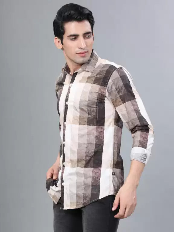 Coffee and White Checks Printed Casual Full Sleeve Shirt For Men With Pocket