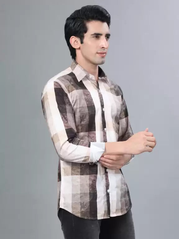 Coffee and White Checks Printed Casual Full Sleeve Shirt For Men With Pocket