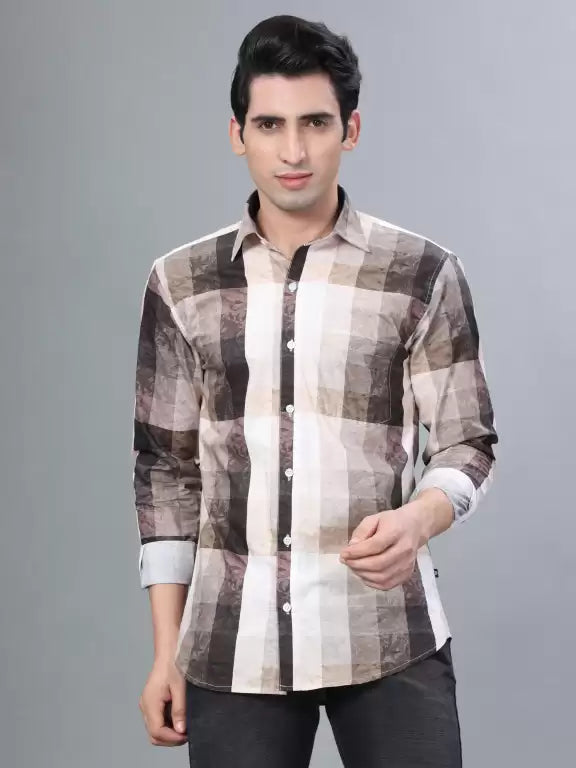Coffee and White Checks Printed Casual Full Sleeve Shirt For Men With Pocket