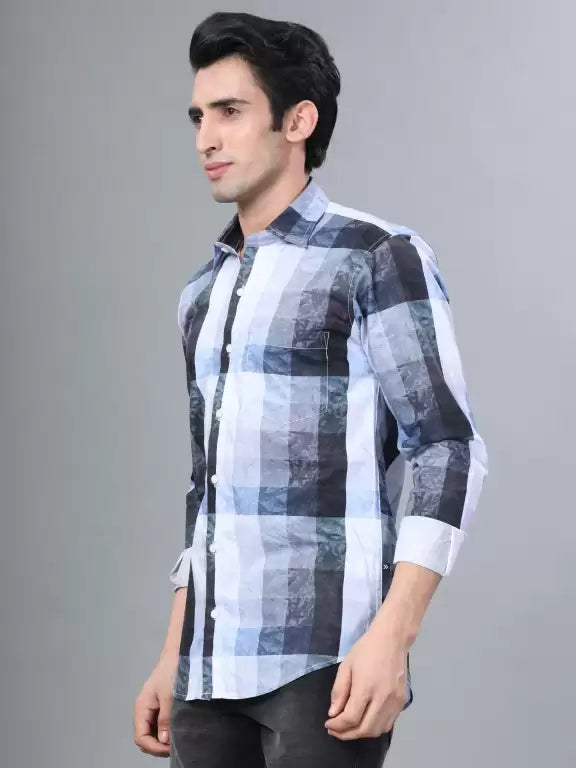 Blue and White Checks Printed Casual Full Sleeve Shirt For Men With Pocket