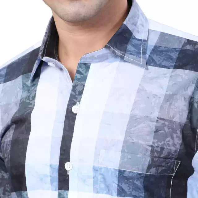 Blue and White Checks Printed Casual Full Sleeve Shirt For Men With Pocket